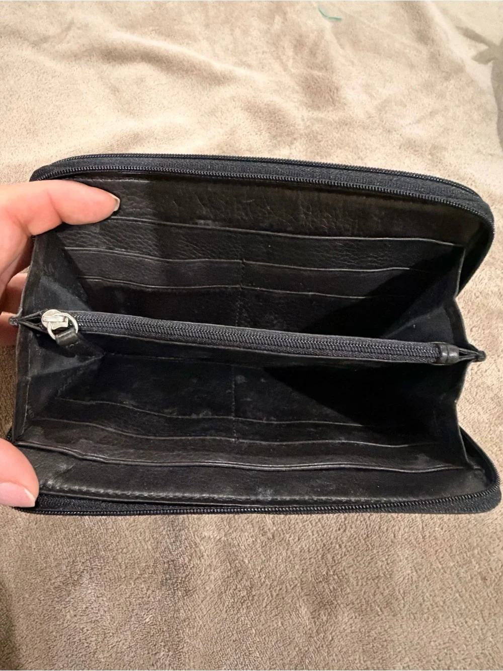 Perlina Black Leather Zip-Around Wallet with Metal Logo